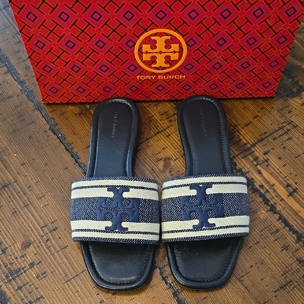 Tory Burch Navy and White Double T Slide